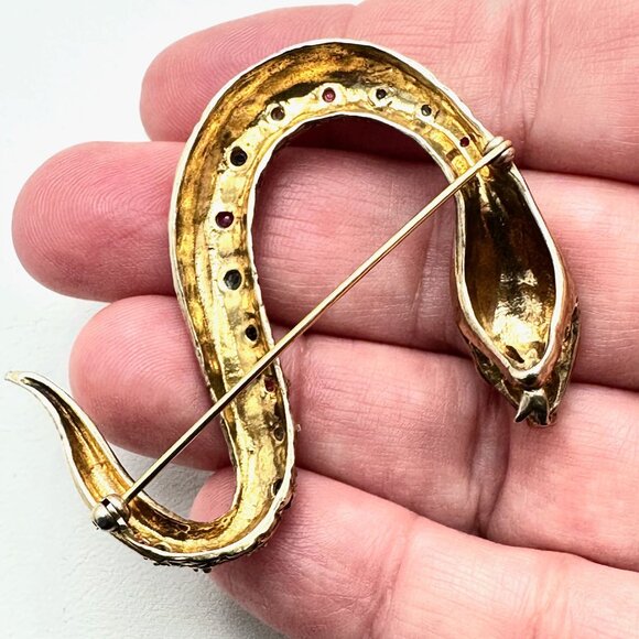 Vintage Ruby Sapphire Emerald Gold Over Sterling Silver Snake Brooch Estate - Picture 4 of 5